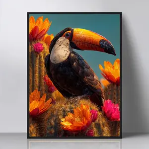 Art Print Museum Quality Paper Wall Decor Unframed Toucan Tropical Colorful Bird Exotic Wildlife Jungle Art Vibrant Painting Nature Art Home Decor Aesthetic Room Decor Botanical Cactus Flowers Bright Colors Animal Art Modern Gift Bird lover