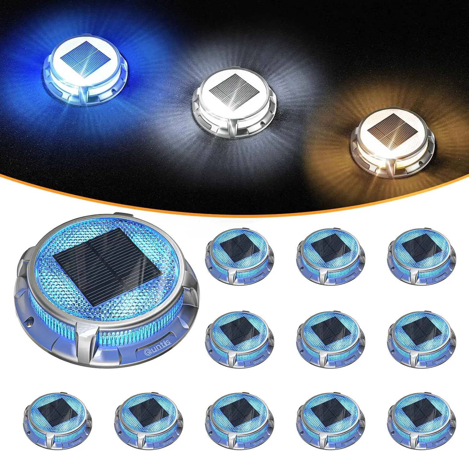Quntis 12-Pack Aluminum Alloy Outdoor Solar Deck Lights - 5W, 3 Color Changing Modes, IP68 Water Resistant, 20+ Hours Runtime, Auto Sensor, 3m Glue Mount, 600mAh 3.7V Batteries for Stairs, Garden, Patio, Patio Lights