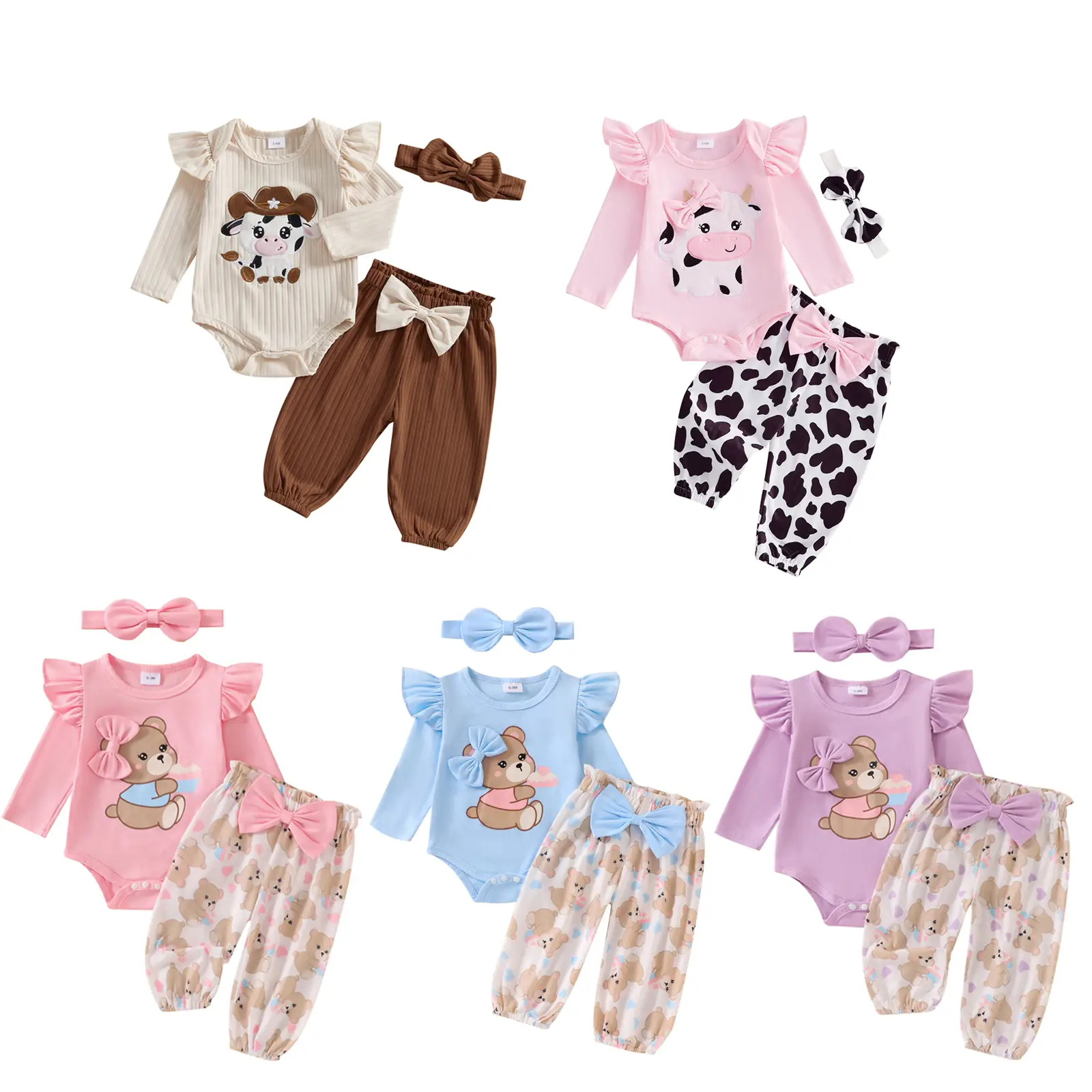 Newborn Baby Girl Western Outfits Ruffle Long Sleeve Cartoon Bear Romper Tops Elastic Waist Bow Pants with Headband 3Pcs Cowgirl Clothes 0-18 Months