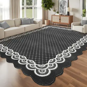 Scalloped Geometric Print Carpet Lace Floral Non-slip Carpet Washable Area Rug Low Pile Non-shedding for Bedroom Dining Room Living Room Corridor Apartment