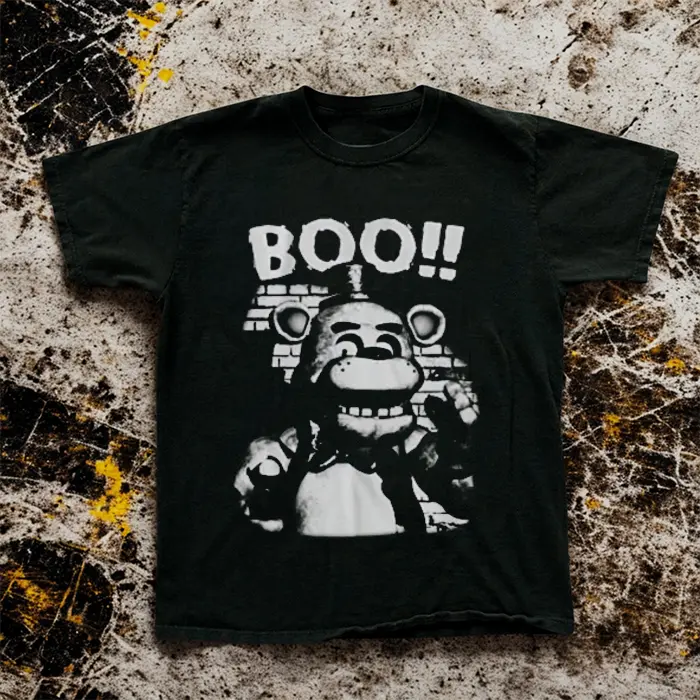 [ New Drop ] Scary Animatronic Bear Graphic T-Shirt, Halloween Spooky Game Night Boo Tee, Horror Pop Culture Fan Gift, Black Cotton Casual Unisex Shirt