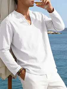 Men's Linen Texture Breathable Classic V-Neck Long Sleeve Shirt, Buttonless Open Front, Curved Hem, American Beach Vacation Style, Spring & Fall Casual Top