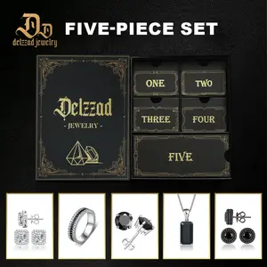 [Surprise Black Luxury Set] Delzzad Babysbreath Jewelry Set with 5pcs Gift Boxes Synthetic Moissanite Necklace Handmade Pave Ring Band Prong Iced Out Halo Radiant Cut Stud Earrings Birthday Wedding Engagement Anniversary Christmas Gift for Men