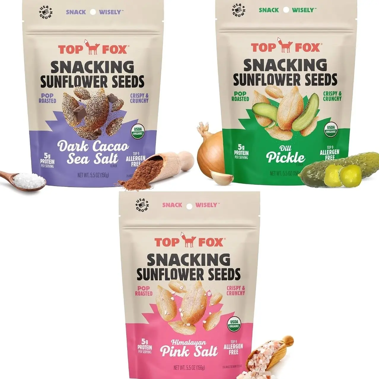Top Fox Snacks Sunflower Seeds To Eat (Himalayan Salt, Dark Cacao Salt & Sea Salt, Dill Pickle Variety, 5.5 oz, Pack of 6) – Keto Friendly Snacks, Gluten Free Snacks, Protein Snacks, & Vegan - Organic