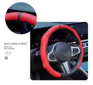Red Nappa Leather 5D Steering Wheel Cover Anti-Slip Breathable Ultra-Thin Durable All-Season Universal Fit for GMC Quick Installation with Center Mark modern design napa leather quick turn Mercedes Wheel Leather Cover center mark install non slip anti-sli