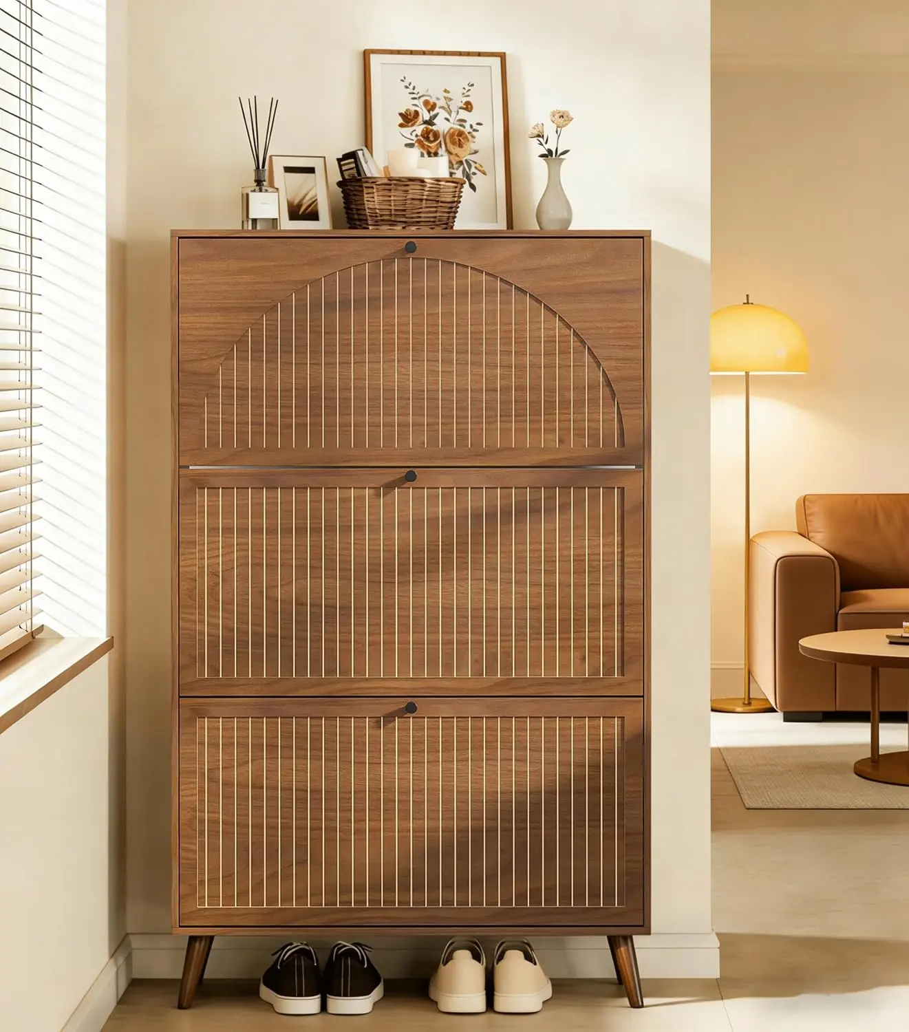 Shoe Storage Cabinet for Entryway with 3 Flip Drawers, Narrow Shoe Organizer with Fluted Panel, Freestanding Wood Hidden Shoe Cabinet for Hallway( 31.4''W, Double Layer)