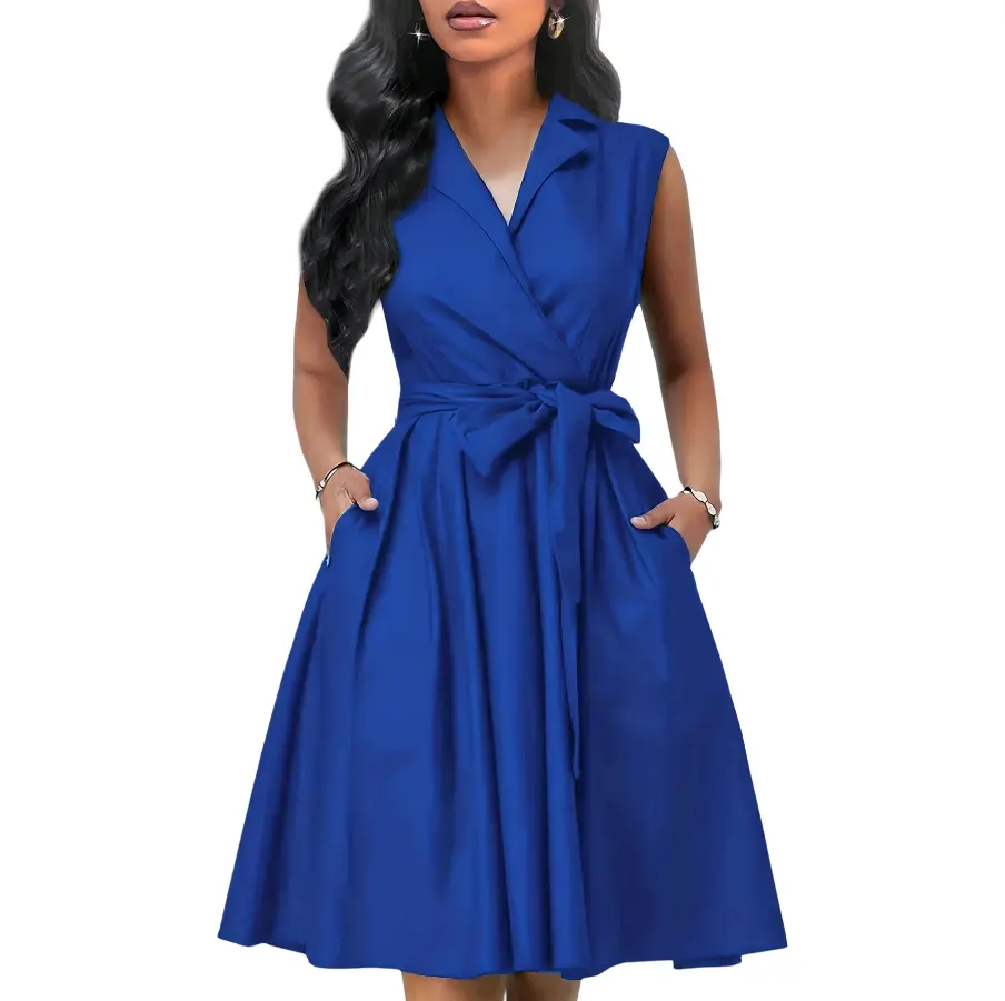 JOYPAY Women's Sleeveless V-Neck Polyester Woven Tie-Belted A-Line Midi Shirt Dress with Pockets - Chic Waist-Defining, Comfortable Minimalist Modest Flared Casual Wear, Daily Style, Feminine Bow Tie for Church Events, Sunday Brunch, A-Line Dress