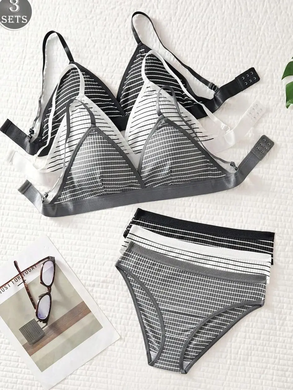 3-Set Striped Wireless Triangle Bra and Panty Set, Soft Comfort Lingerie for Daily Use