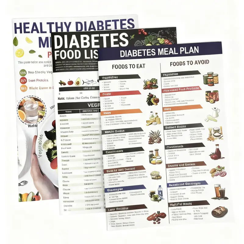 Healthy Diabetes Meal Guide - 3 Pcs Diabetes Food List & Meal Planner with Printable Low GI Chart Calorie Carb Guide Glycemic Index & Vitamin Brochure for Diabetics Type 1 & 2