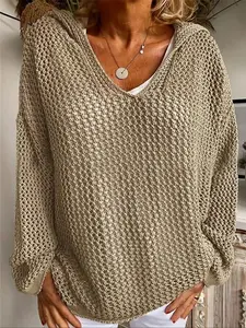 Women's Casual Solid Color Hooded Hollow Out Knit Top, Loose-Fitting All Seasons Fashion, Plain Style Sweater for Daily Wear