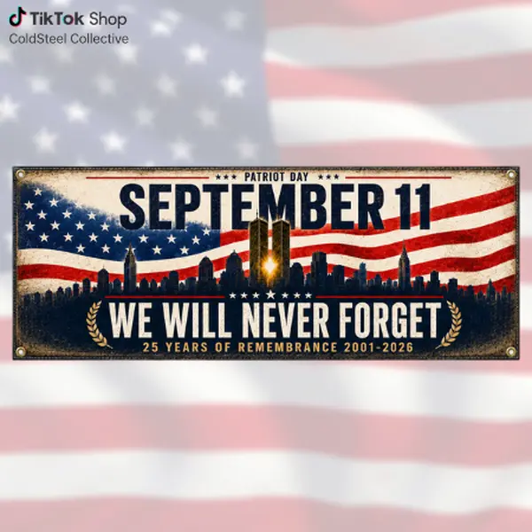 Patriot Day Memorial Banner, September 11 We Will Never Forget Banner, 25 Years of Remembrance Tribute Banner, Twin Towers Skyline Patriotic Wall Decor, Memorial Hanging Banner for Home Garage Office