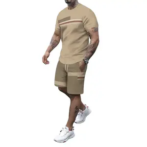 2pcs Men's Novelty Color Blocked Summer Co-ord Set - Short Sleeve Crew Neck T-shirt & Drawstring Shorts With Pockets For Suitable for Casual Wear Perfect Gift Men Clothes Fabric Menswear Polyester Stretch Tops Crewneck Print