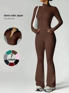 Women's 2-Piece Loungewear Set Long Sleeve Full-Length Pants Stand Collar Zip-Up Jacket and Flared Wide-Leg Pants Ideal for Travel Vacation Airport Comfortable Casual Stylish Pajama Set Multi-Scene Versatile Women's Set Womenswear