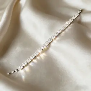 Luxury Rectangle Cut CZ Tennis Bracelet | Silver Tone Pave Setting | Dainty Statement Jewelry Gift for Her | Ideal for Anniversary & Prom