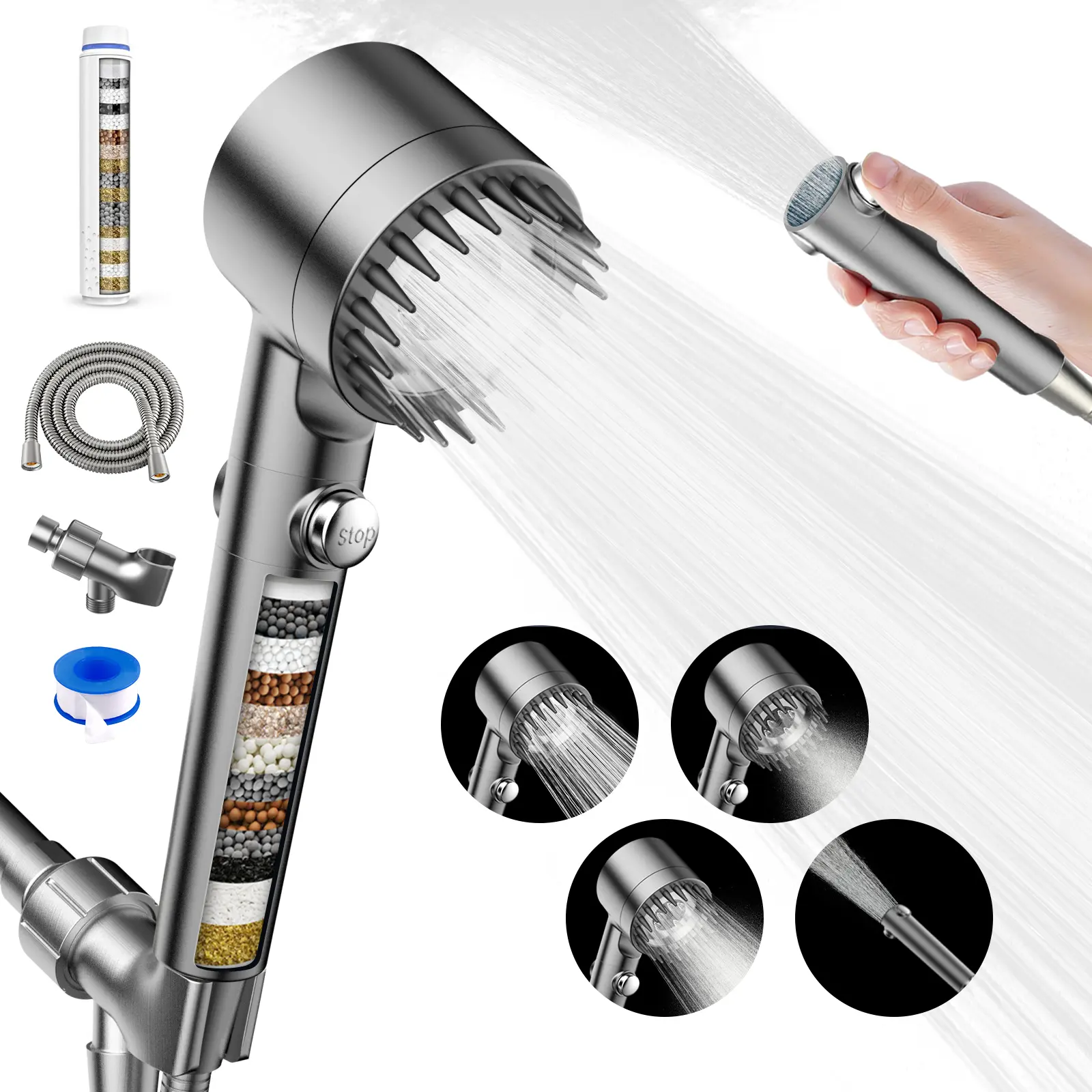 FEELSO Filtered Handheld Shower Head with Shower Head Filter, 4 Modes High Pressure Detachable Bendable Model, Built-in Water Softener Beads for Hard Water - Removes Chlorine, Family Household Bathroom Fixture