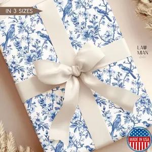 Blue Chinoiserie Wrapping Paper Blue Floral Toile Gift Wrap Roll Blue White Bird Present Wrap Baby Shower Wedding Gift Wrap Bridal Shower
