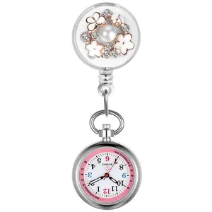OIDEA 3D Flower Petal Imitation Pearl Stretch Nurse Watch Retractable Cord Quartz Pocket Watch 1ATM