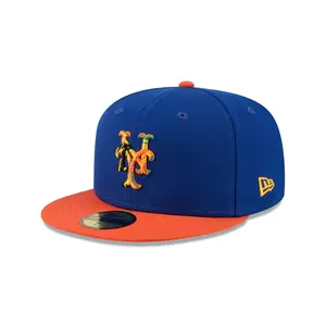 New York Mets 59FIFTY Fitted Cap - Blue, Orange Flat Brim Baseball Hat with Embroidered Team Logo