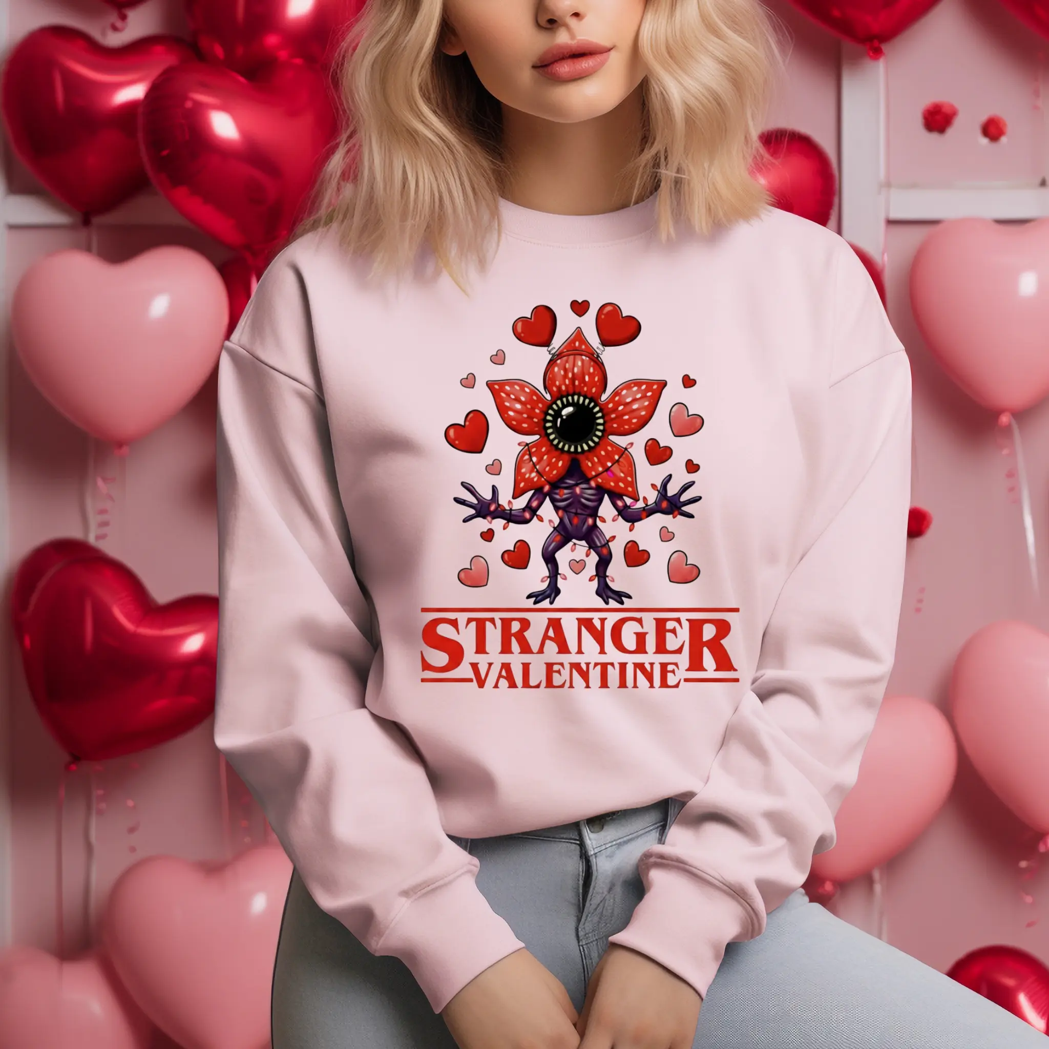Stranger Things Inspired Valentine’s Day Sweatshirt | Pink Demogorgon Crewneck