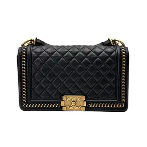 Pre-owned CHANEL Calfskin Shoulder Bags LeBoy Black Quilted Top Handle Flap Bag With Gold Hardware(24***18) CC2002