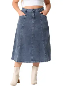 Agnes Orinda Women's Plus Size Denim Skirts Vintage High Waist with Pockets A-Line Midi Jean Skirt Grey Blue