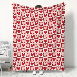 Glam Style Heart Print Flannel Throw Blanket, Polyester, Digital Print, All-Season Cozy Lightweight Warm Plush Knitted, with for Sofa, Bed, Travel, Living Room Home Decor, for Perfect Valentine'S Gift
