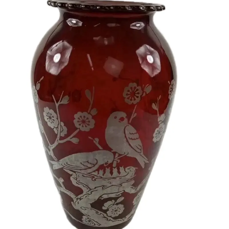 Vintage ANCHOR HOCKING Ruby Red Glass Vase with Cherry Blossoms & Birds Decorative Home Decor