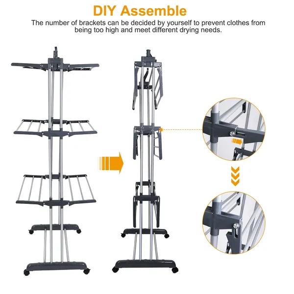 Rolling collapsible clothes drying rack, laundry dryer hanger stand, rail shelf, wardrobe clothing drying racks Foldable Chrome