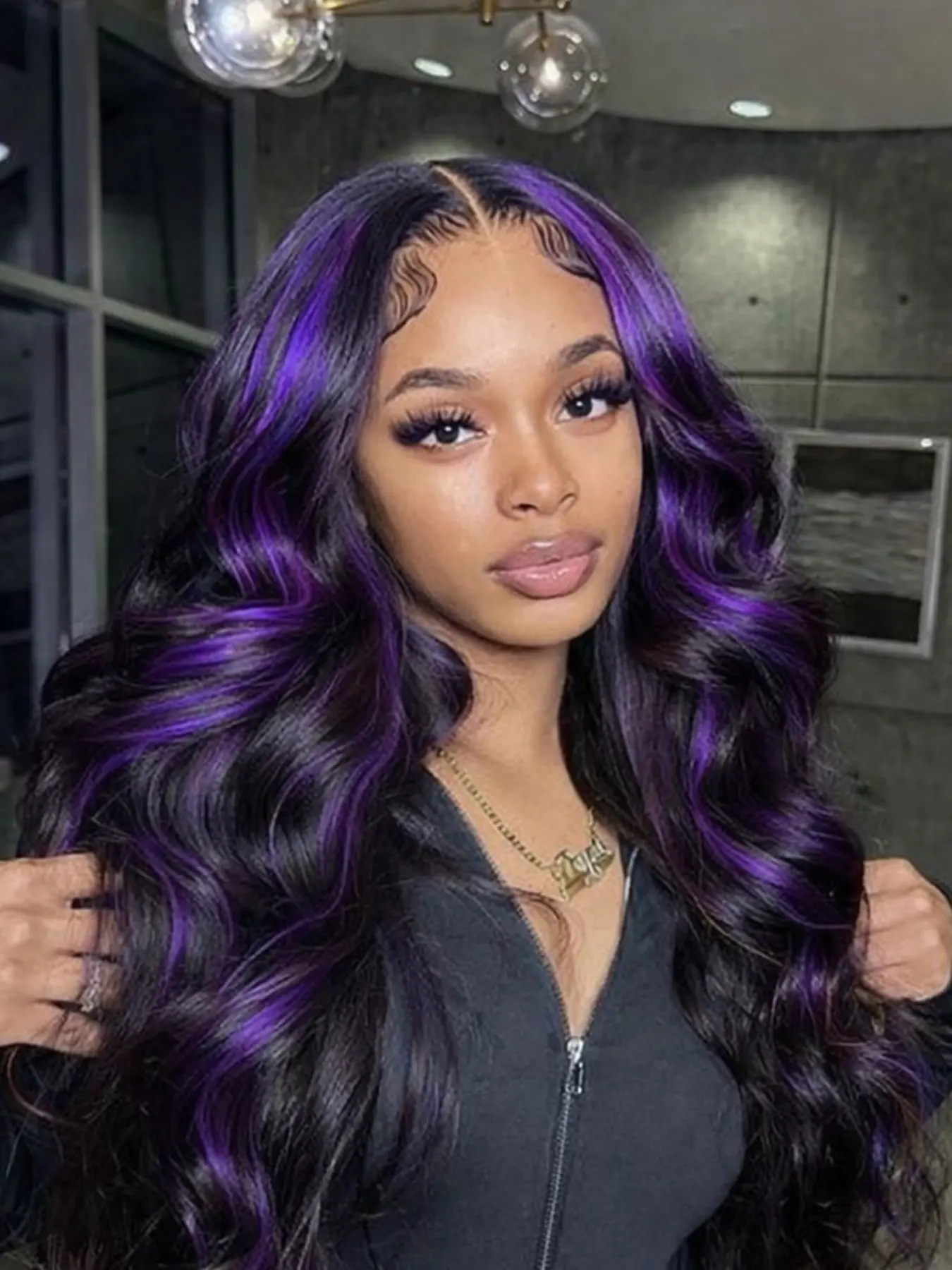 26 Inch Black And Purple Highlight Body Wave Synthetic Lace Front Wigs Heat Resistant Fiber Hair Wigs Soft & Lightweight Natural Parting Synthetic Wavy Wig