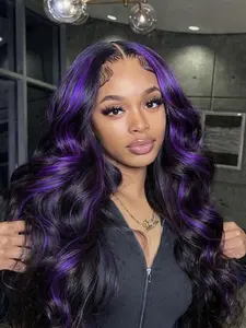 26 Inch Black And Purple Highlight Body Wave Synthetic Lace Front Wigs Heat Resistant Fiber Hair Wigs Soft & Lightweight Natural Parting