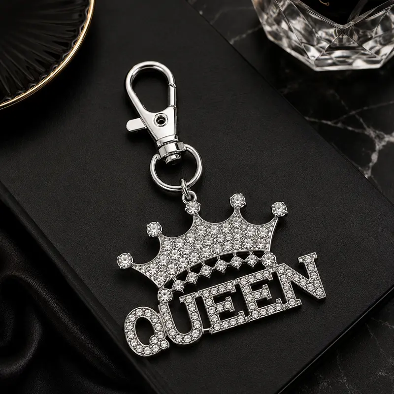 Queen Crown Decorative Metal Keychain Unisex - Silver-Tone Crown Motif with QUEEN Letter Pendant, Crystal-Style Accents, Lightweight Clip for Keys, Handbags, Backpacks, Gifts & Everyday Use
