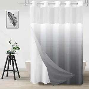 No Hook Shower with Snap in Liner, Ombre Grey Shower Curtains and Liner Set, Hotel Bath for, Mesh Top Window Waterproof Washable, 71" x 74"
