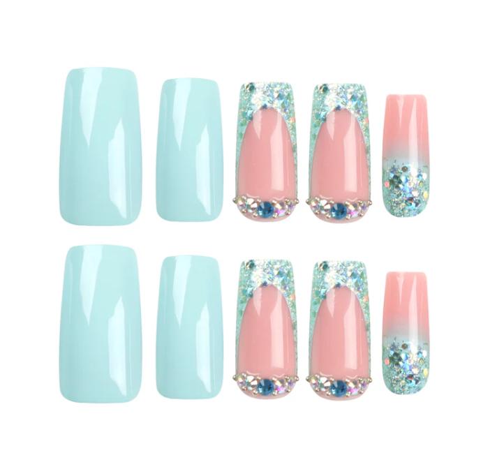 Blue French Tip Press On Nails | CurvLife Nail | 30pcs Medium Square Fake Nails | Crystal Glitter Accent Design | Easy Apply, Comfortable & Durable | Daily, Business & Party Nail Art