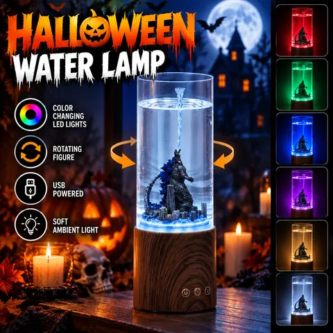 Halloween LED Water Lamp with Rotating Monster Figure, Color Changing Night Light, Spooky Table Lamp for Halloween Decorations, Bedroom, Desk & Party Gifts