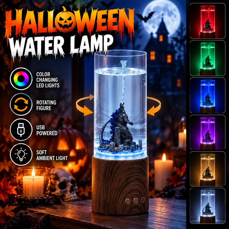 Halloween LED Water Lamp with Rotating Monster Figure, Color Changing Night Light, Spooky Table Lamp for Halloween Decorations, Bedroom, Desk & Party Gifts