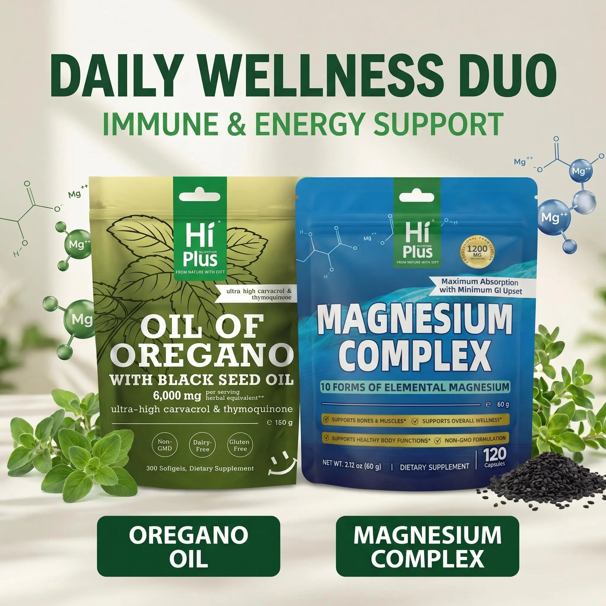 HiPlus Wellness Dietary Supplement Stack Bundle - Sugar Free, Gluten Free, Natural Ingredients Oil of Oregano, Black Seed Oil, Magnesium Complex for Relaxation, Gut Support, Immunity Boost (300+120 Softgels)