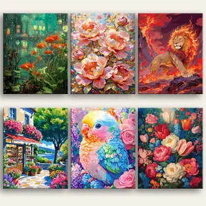 【Unframed】Happy Painting Exclusive DIY Paint by Number Kit Stress Relief Relaxation Toys Beginner Painting Kits Handicrafts with Lions Flowers & Birds Designs