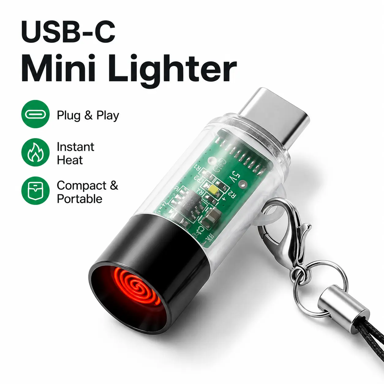 1–2PCS USB-C Mini Electric Lighter, Battery-Free Plug-and-Play Flameless Igniter for Phones & Power Banks, Wind-Resistant Transparent Pocket Lighter with 10-Second Auto Shutoff