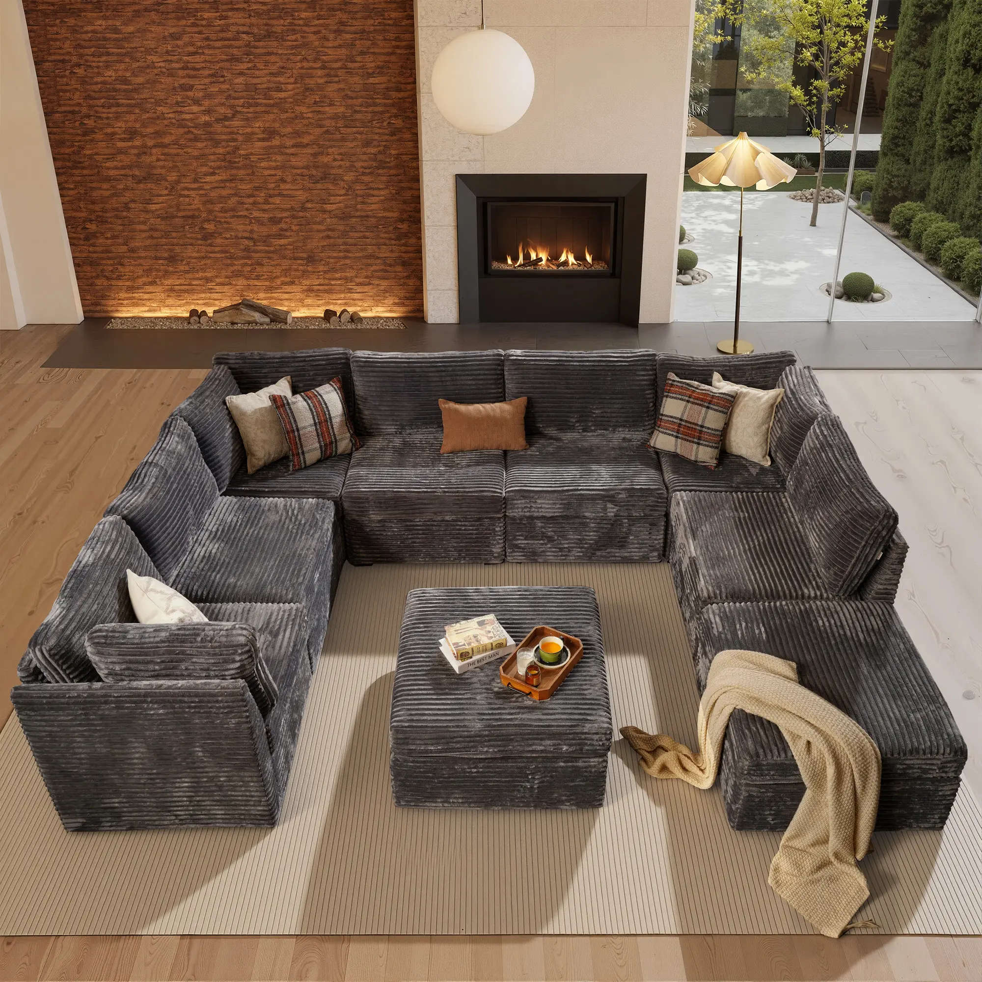 WEAXTY Corduroy Upholstered U-Shaped Sectional Sofa - 139" 9-Seater King Size, 9 Packages Shipping, Modular Deep Seat Couch, High Backrest, Pocket Springs Cushions, Left/Right Facing Chaise for Living Room, Modern Corduroy Sofa
