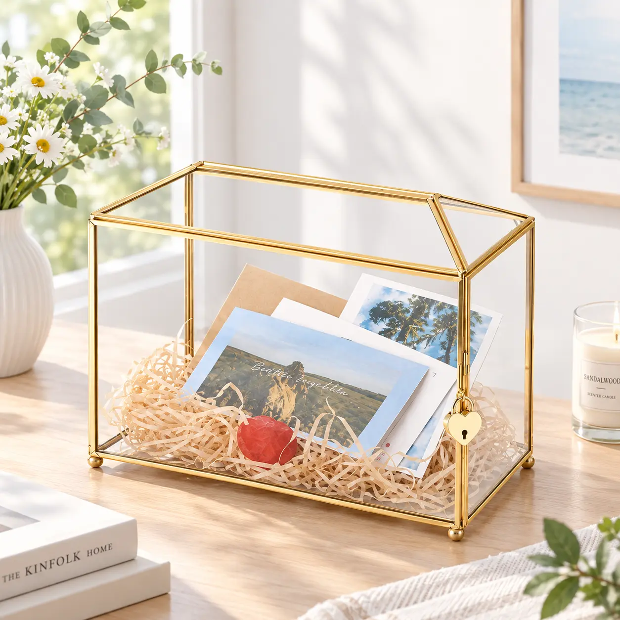 Gold House Shaped Glass Wedding Card Box with Heart Lock, Clear Keepsake storge box, storage box for Wedding Reception