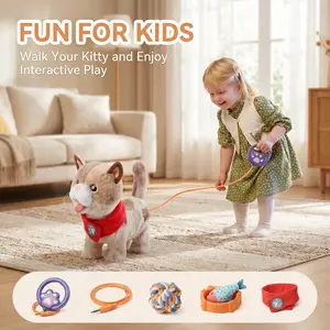 TUMAMA Toy Cat for Kids, Cute and Realistic Kitty Toy That Walks, Meows, Tongues Out and Wags Tail, Interactive Electronic Cat Plush Toy with Leash, Best Gift for Boys and Girls Ages 3 4 5 6 7