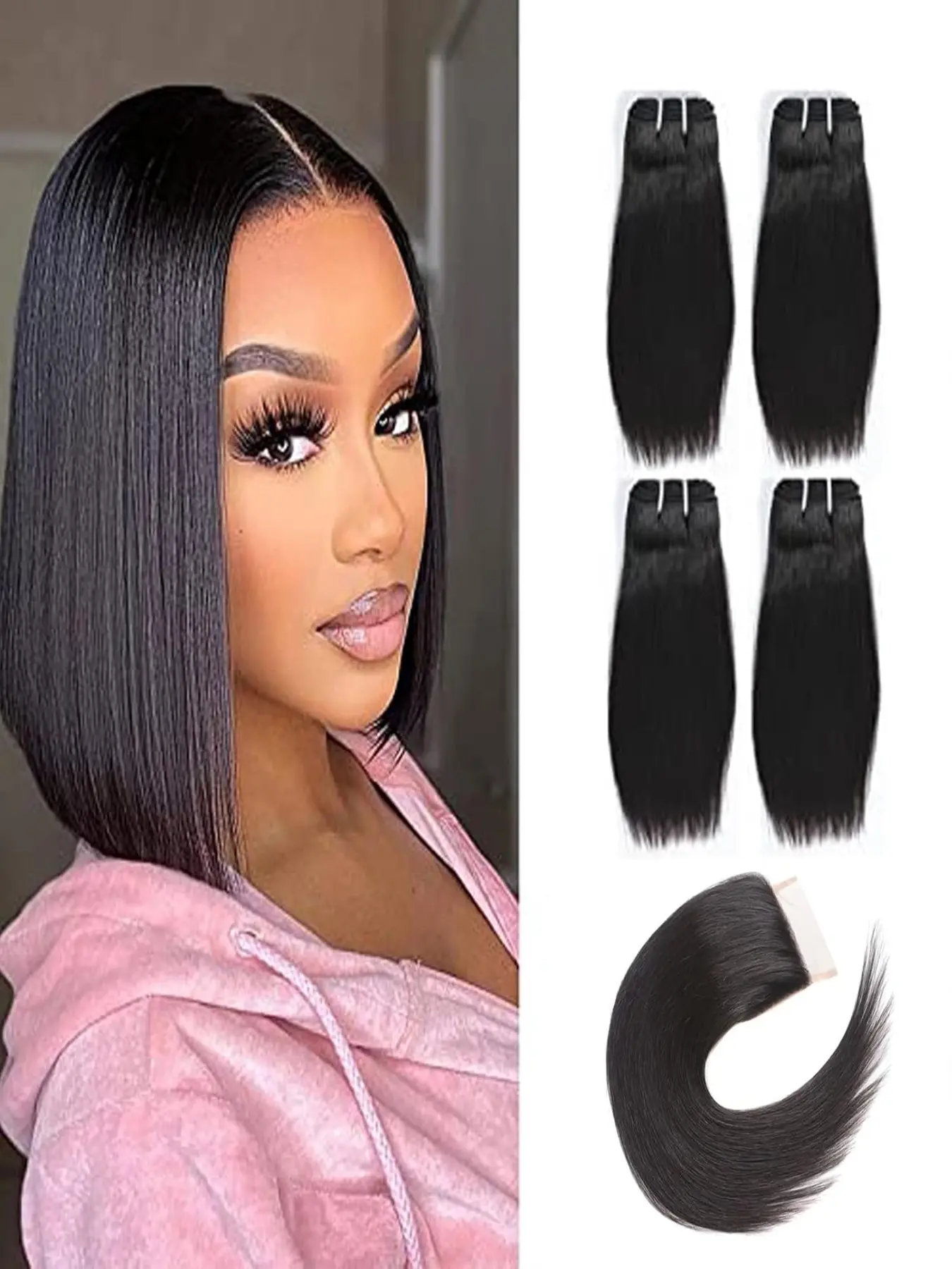 10-Inch Short Hair Bundles — Straight "Young Girl" Hair — 4 Bundles Paired with a Hairpiece — Adds Volume and Length — Straight Clip-in Extensions — 50g/Bundle — Natural Color (10-inch x 4 Bundles + 10-inch Hairpiece)
