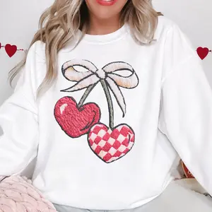 Valentines Knit Print Heart Cherries Sweatshirt Checkerboard Retro Yarn Graphic Pullover Womens Crewneck Casual Top