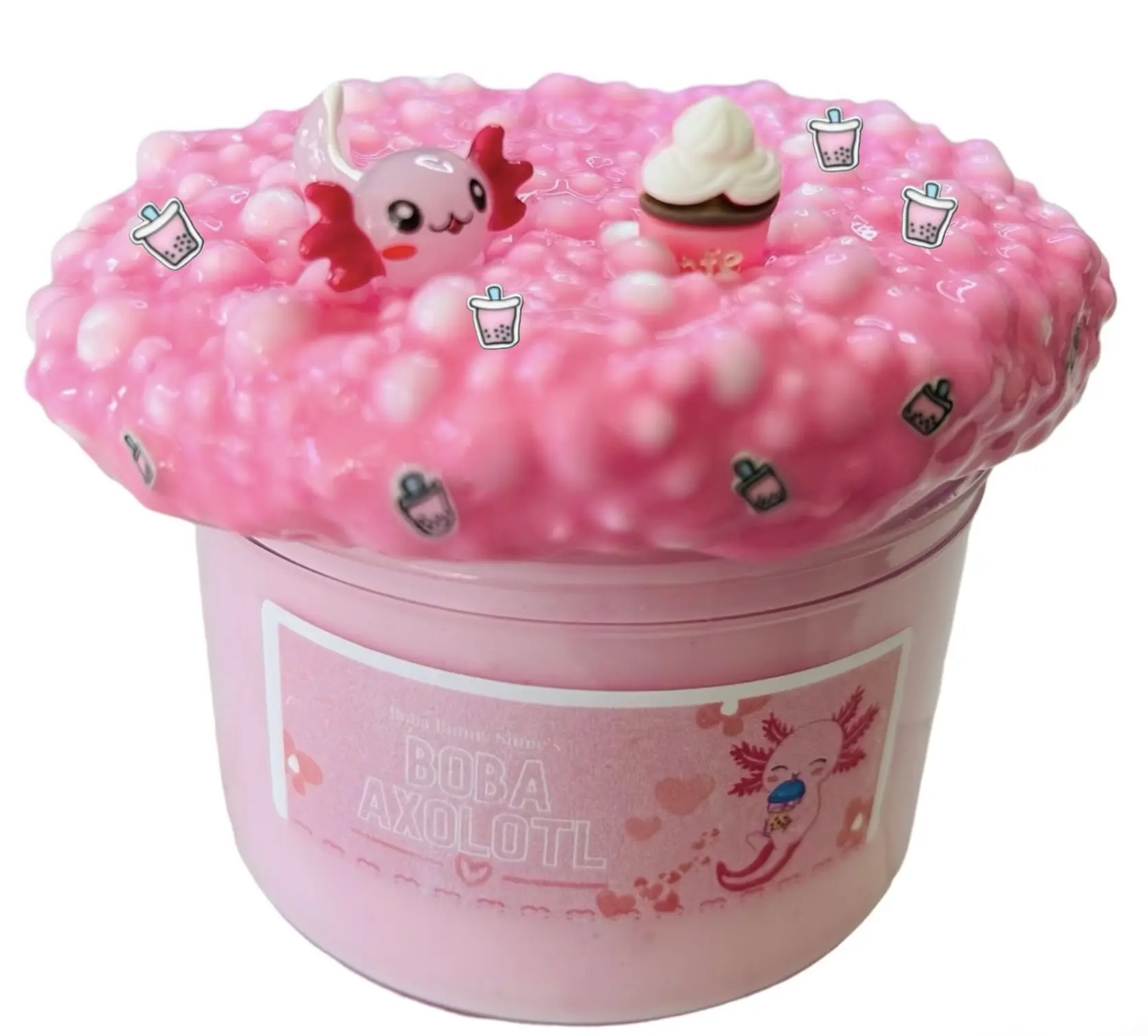 Boba Axolotl - Thick and glossy slime with foam beads, strawberry scented, 8oz- handmade in USA