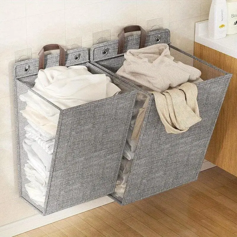 1pc Foldable Adhesive Laundry Basket Hamper, Multifunctional Punch Free Wall Hanging Washing Clothes Mesh Hook Organizer, Laundry Bin