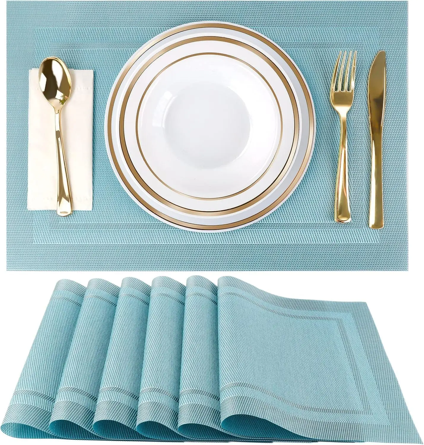 Blue Placemats Set of 6, Woven Vinyl PVC Place Mats for Dining Table, Heat Resistant Washable Table Mats, 17 x 12 in
