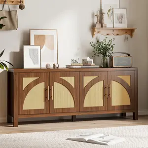 59.9" Mid-Century Modern TV Stand with Charging Station & Adjustable Shelves – 4 Rattan Storage Cabinets, Fits TVs up to 65"