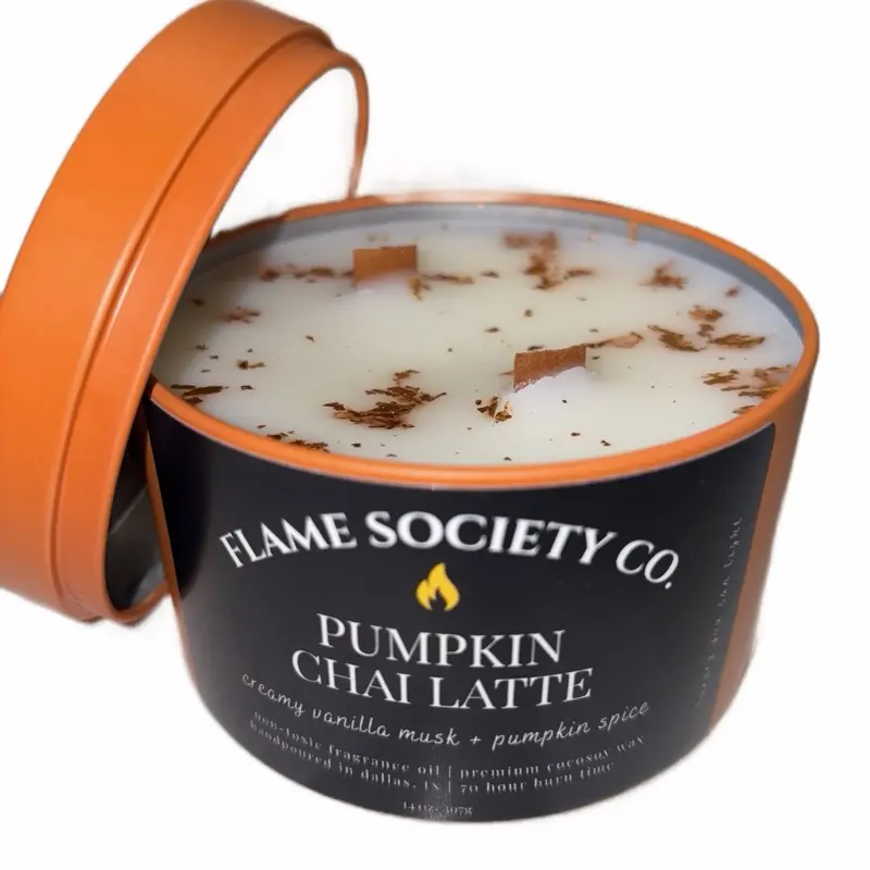 Flame Society Co. 14oz Pumpkin Chai Latte Soy Candle - Creamy Vanilla Musk & Pumpkin Chai Scent - 70 Hour Burn Time