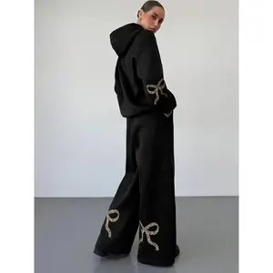 Women's Bowknot Print Drawstring Hoodie & Pocket Pants Set, Casual Long Sleeve Hooded Sweatshirt & Drawstring Waist Trousers, Ladies Two-piece Outfits for Daily Wear