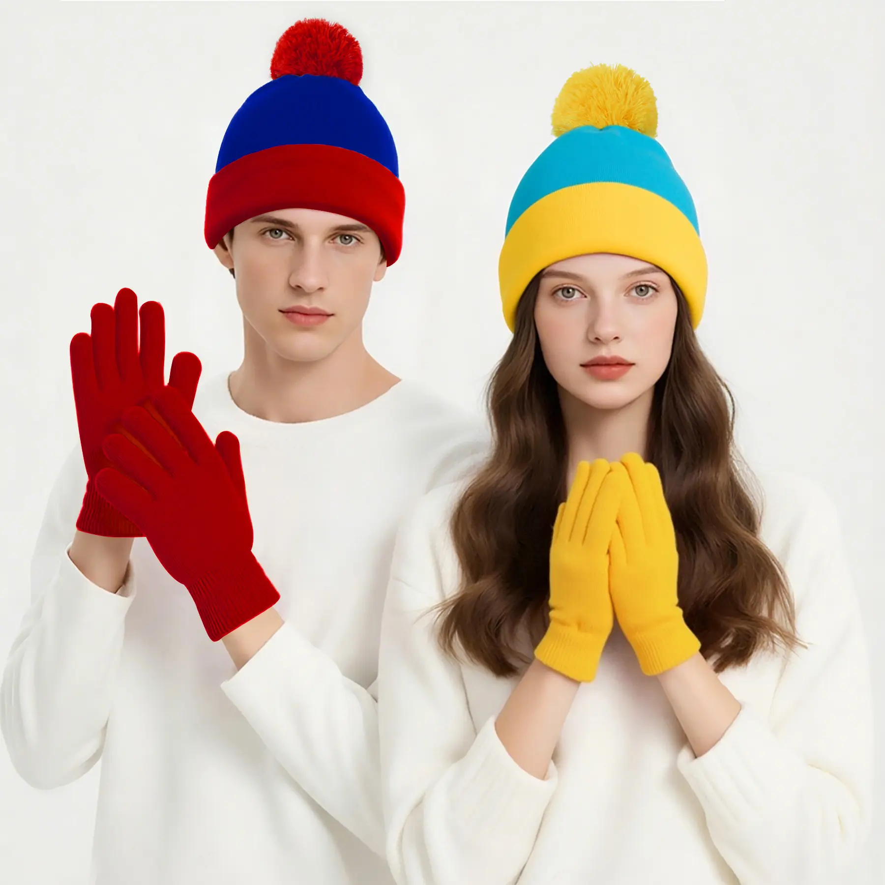 Unisex Funny Knit Beanie Hat-Gloves Set, Character Park Winter Costume Accessory for Christmas, Halloween